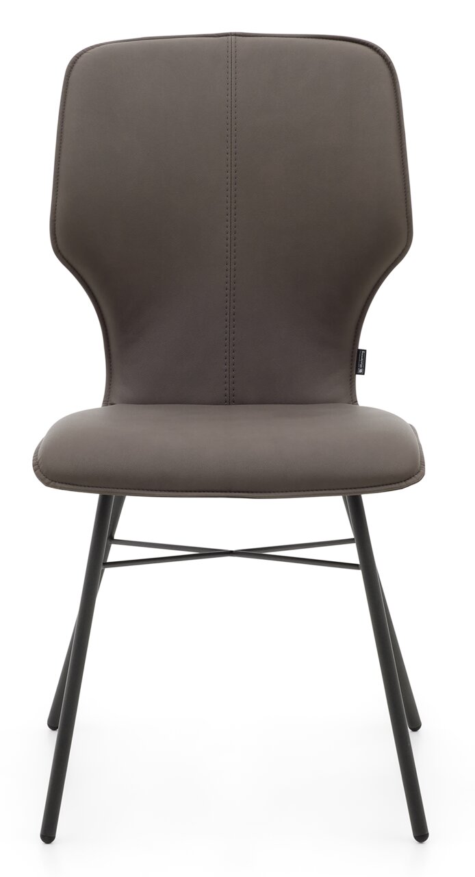 Moderner Stuhl mit gepolsterter Rückenlehne und Sitzfläche, aus der Frontalperspektive fotografiert.