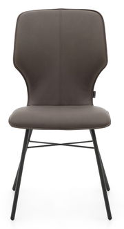 Moderner Stuhl mit gepolsterter Rückenlehne und Sitzfläche, aus der Frontalperspektive fotografiert.