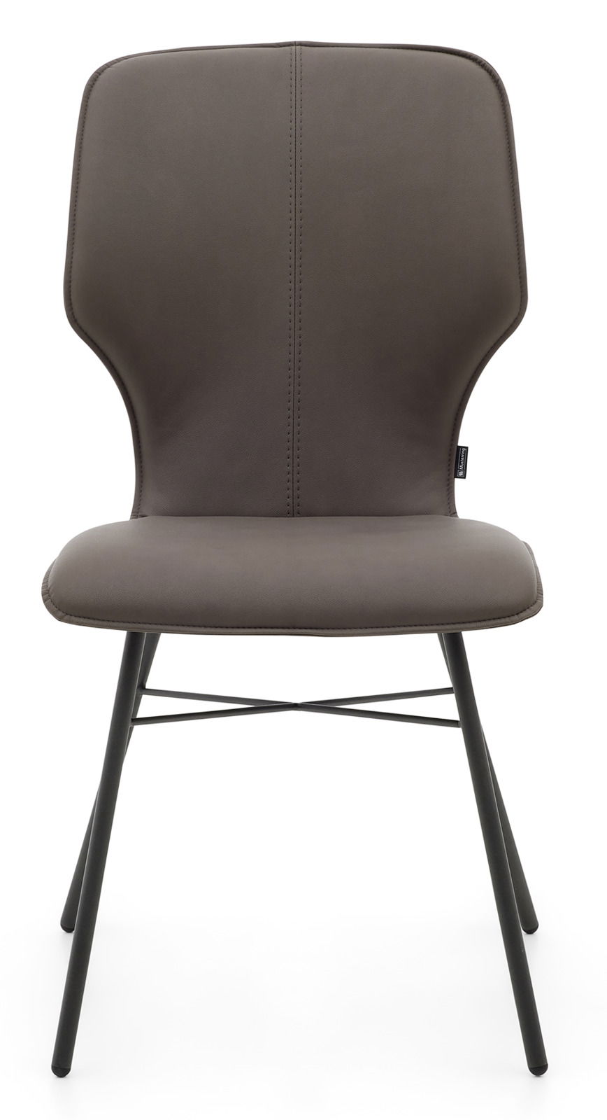 Moderner Stuhl mit gepolsterter Rückenlehne und Sitzfläche, aus der Frontalperspektive fotografiert.