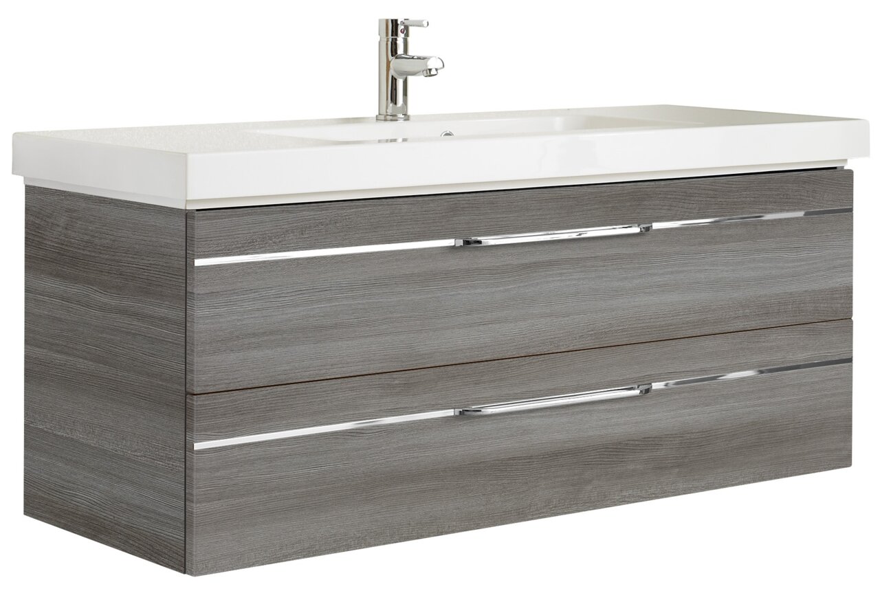 Pelipal Waschtischlösung BALTO SPRINT Moderner Waschtisch mit grauer Holzoptik und zwei Schubladen, seitliche Perspektive