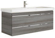 Moderne wastafel met grijze houtlook en twee lades, zijaanzicht