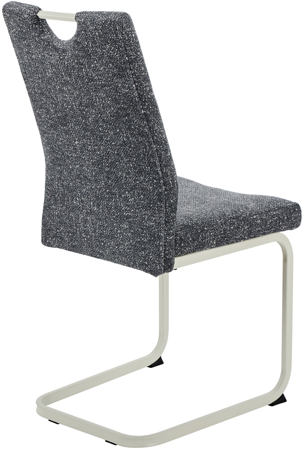 Moderne schommelstoel met grijze stoffen bekleding en wit metalen frame, achteraanzicht