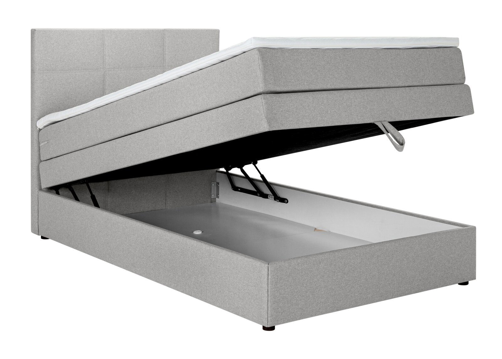Graues Boxspringbett mit hochgeklappter Matratze und sichtbarem Stauraum, seitliche Perspektive