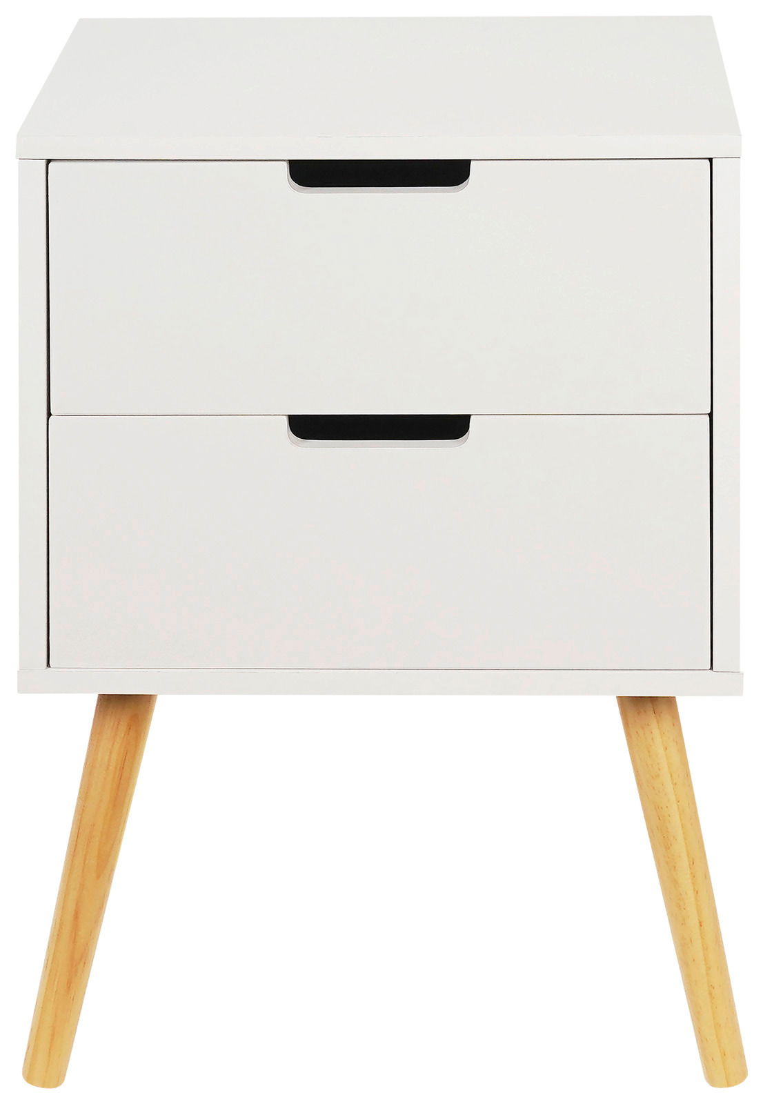 Weiße Nachtkommode mit zwei Schubladen und Holzbeinen, Frontalansicht