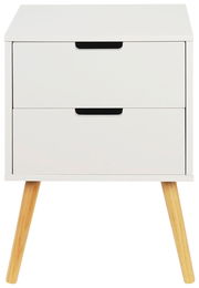 Weiße Nachtkommode mit zwei Schubladen und Holzbeinen, Frontalansicht