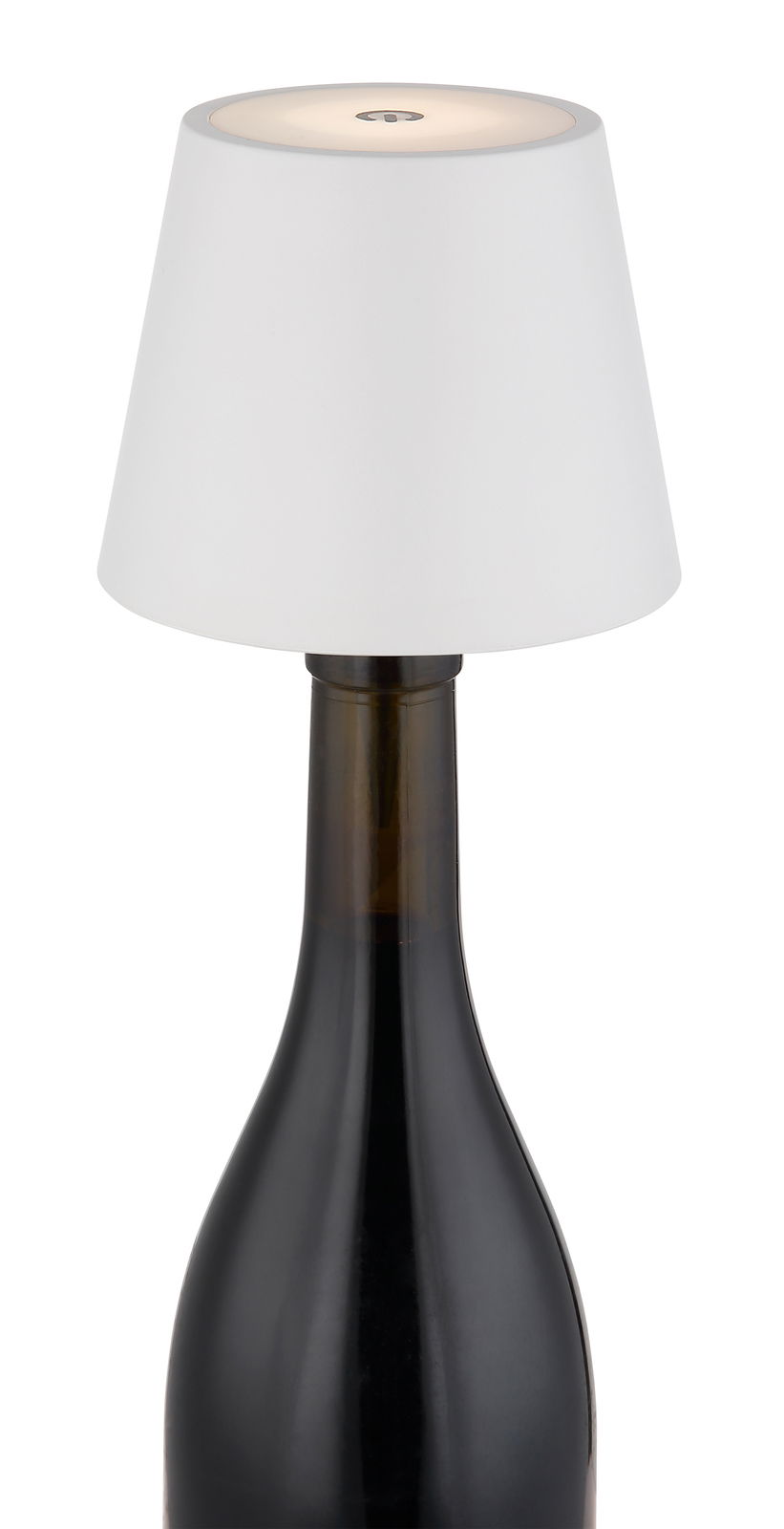 Akku-Tischleuchte VANNIE 3 in Weiß auf einer Flasche, seitliche Perspektive