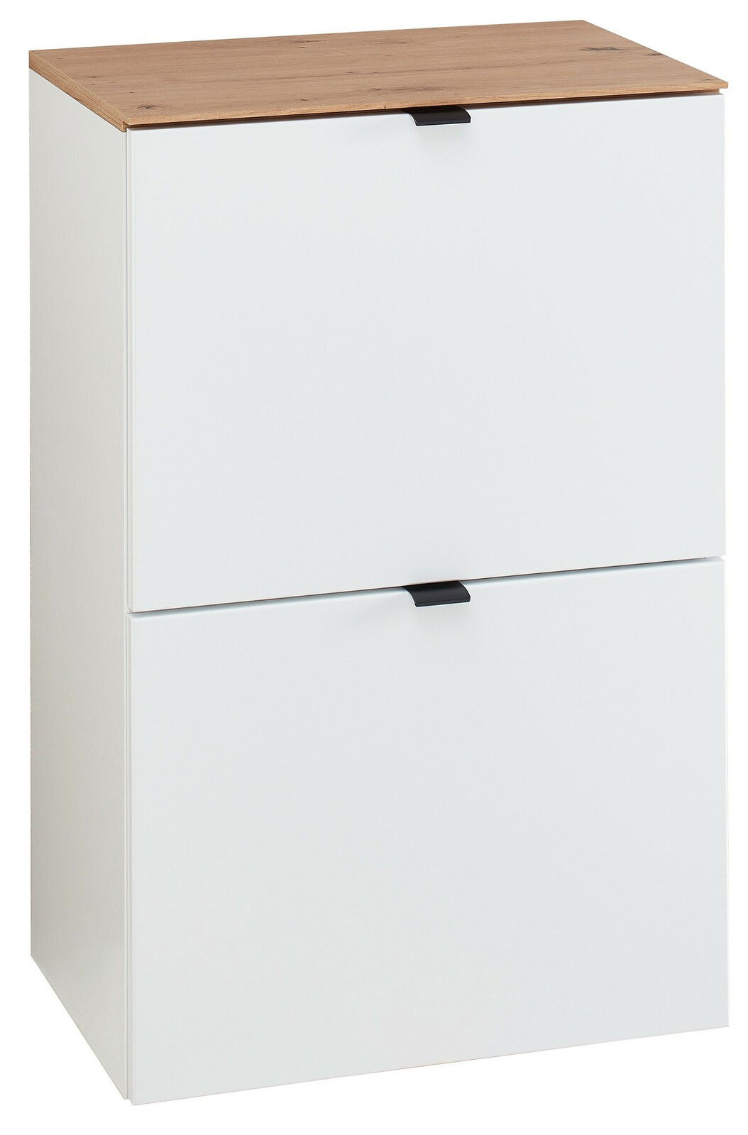 Schmaler Hänge-Schuhschrank mit zwei Klappen in Weiß und Holzoptik von schräg vorne.