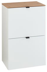 Schmaler Hänge-Schuhschrank mit zwei Klappen in Weiß und Holzoptik von schräg vorne.