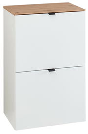 Schmaler Hänge-Schuhschrank mit zwei Klappen in Weiß und Holzoptik von schräg vorne.