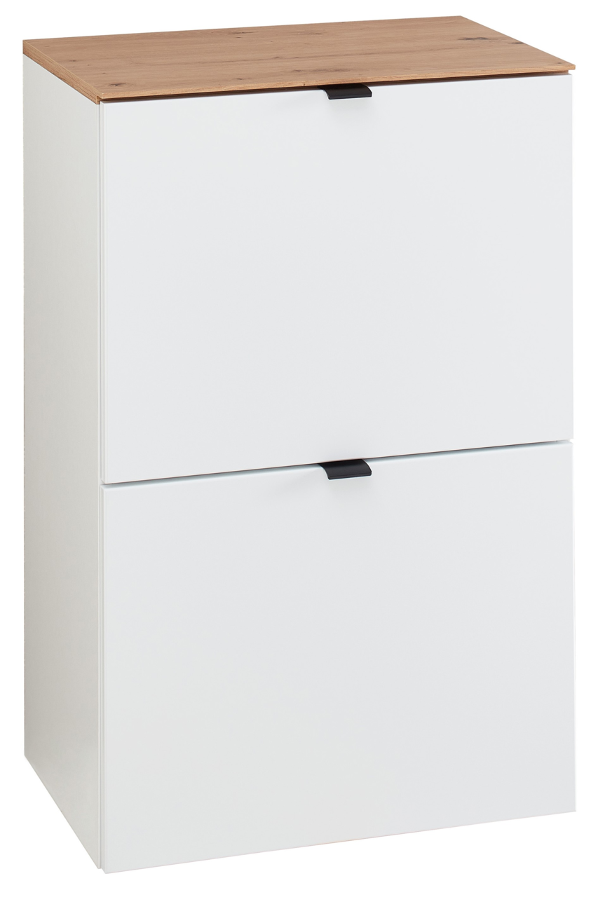 Voleo Hänge-Schuhschrank schmal DIANA Schmaler Hänge-Schuhschrank mit zwei Klappen in Weiß und Holzoptik von schräg vorne.