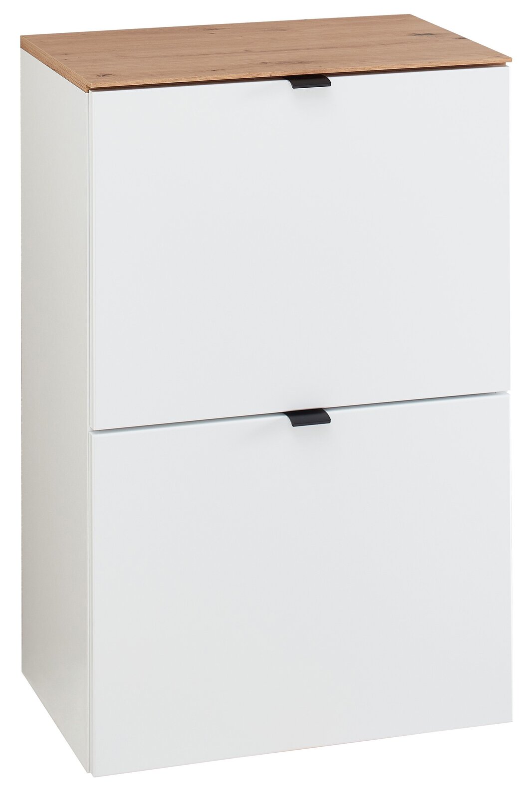 Voleo Hänge-Schuhschrank schmal DIANA Schmaler Hänge-Schuhschrank mit zwei Klappen in Weiß und Holzoptik von schräg vorne.