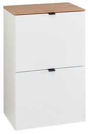 Schmaler Hänge-Schuhschrank mit zwei Klappen in Weiß und Holzoptik von schräg vorne.