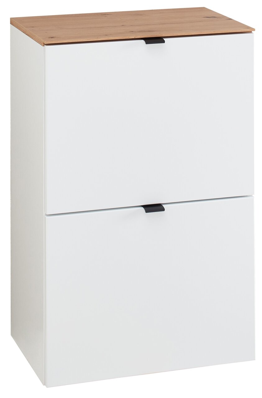 Voleo Hänge-Schuhschrank schmal DIANA Schmaler Hänge-Schuhschrank mit zwei Klappen in Weiß und Holzoptik von schräg vorne.