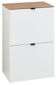 Schmaler Hänge-Schuhschrank mit zwei Klappen in Weiß und Holzoptik von schräg vorne.