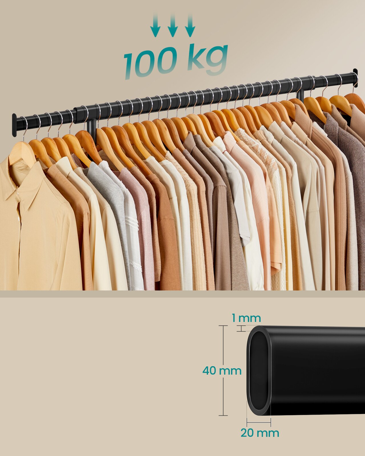 Schwarze Kleiderstange/Garderobenstange mit vielen Holzkleiderbügeln und Kleidung, Belastbarkeit bis 100 kg; Perspektive: seitliche Ansicht der aufgehängten Kleidung mit Detailansicht des ovalen Rohrquerschnitts (40 x 20 mm, 1 mm Wandstärke)