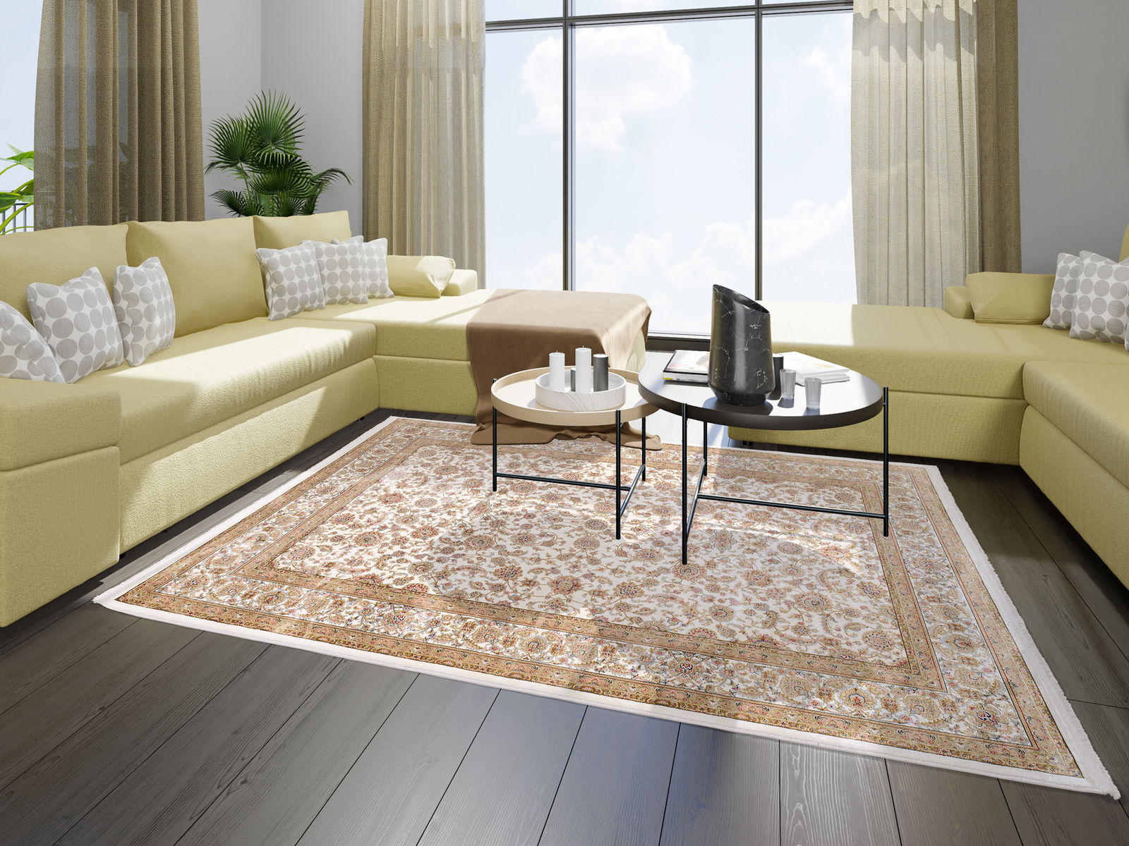 Orientteppich in einem modernen Wohnzimmer mit großen Fenstern, umgeben von hellen Sofas und einem Couchtisch, aus der Vogelperspektive betrachtet.