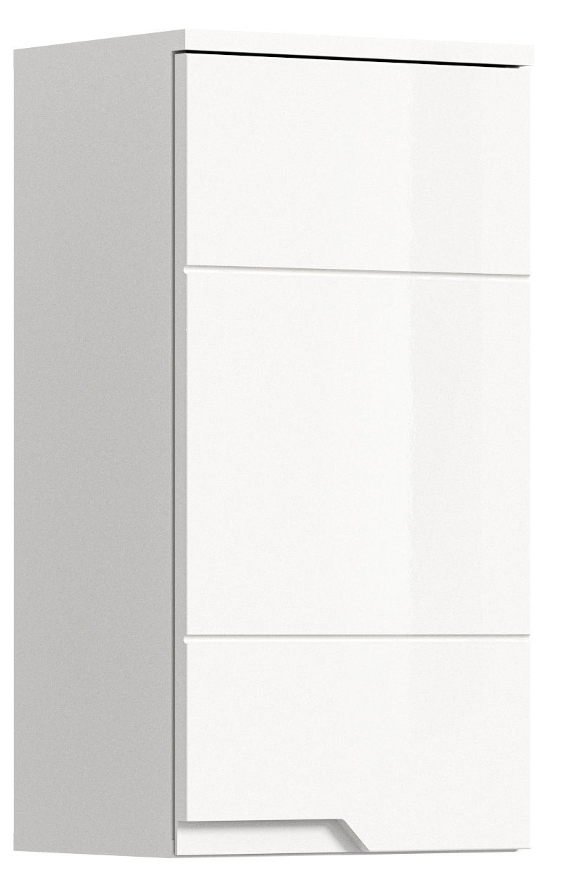 Moderner weißer Hängeschrank mit drei Fächern, seitliche Perspektive