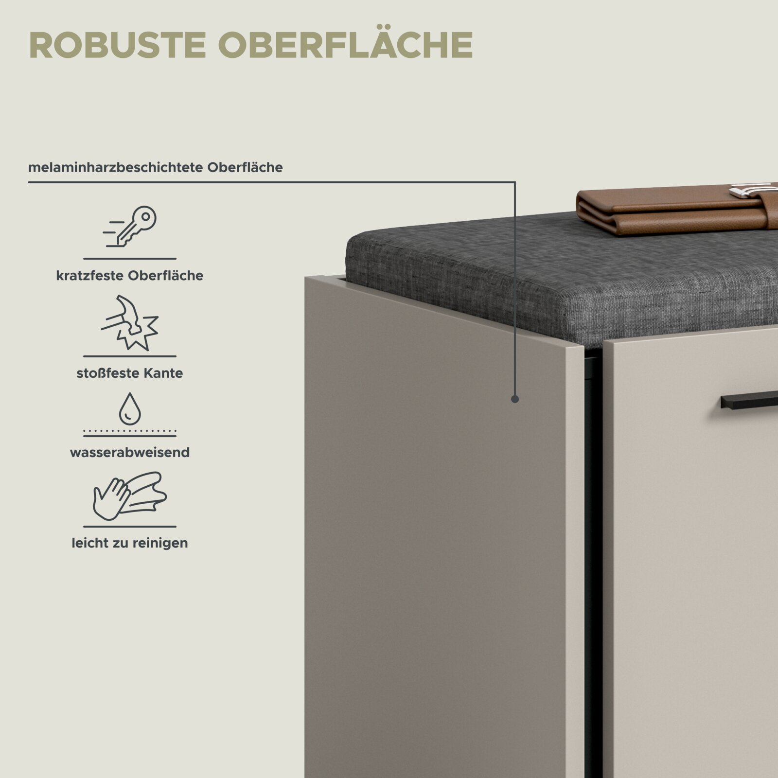 Schrägansicht von oben auf eine graue, melaminharzbeschichtete Schrank-/Kommodenoberfläche mit Sitzkissen und Geldbörse; Infografik zur robusten, kratzfesten, stoßfesten, wasserabweisenden und leicht zu reinigenden Oberfläche.