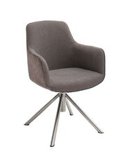 Moderner Sessel mit grauem Stoffbezug und Metallbeinen, seitliche Perspektive