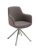 Moderner Sessel mit grauem Stoffbezug und Metallbeinen, seitliche Perspektive