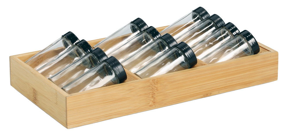 Zeller Present Gewürzeinsatz-Set 13-tlg. Gewürzeinsatz-Set mit 13 Glasbehältern und schwarzen Deckeln in einem Bambusrahmen, seitliche Perspektive