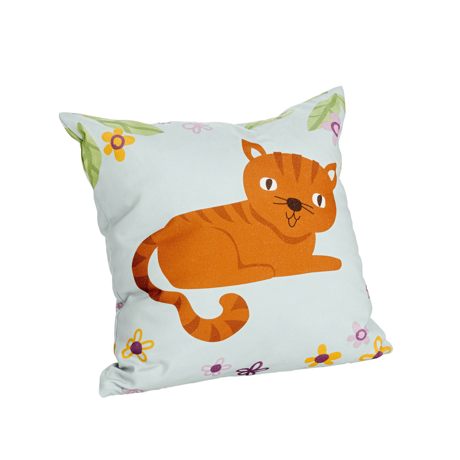 Partykissen mit einem niedlichen Katzenmotiv und bunten Blumen, seitliche Perspektive