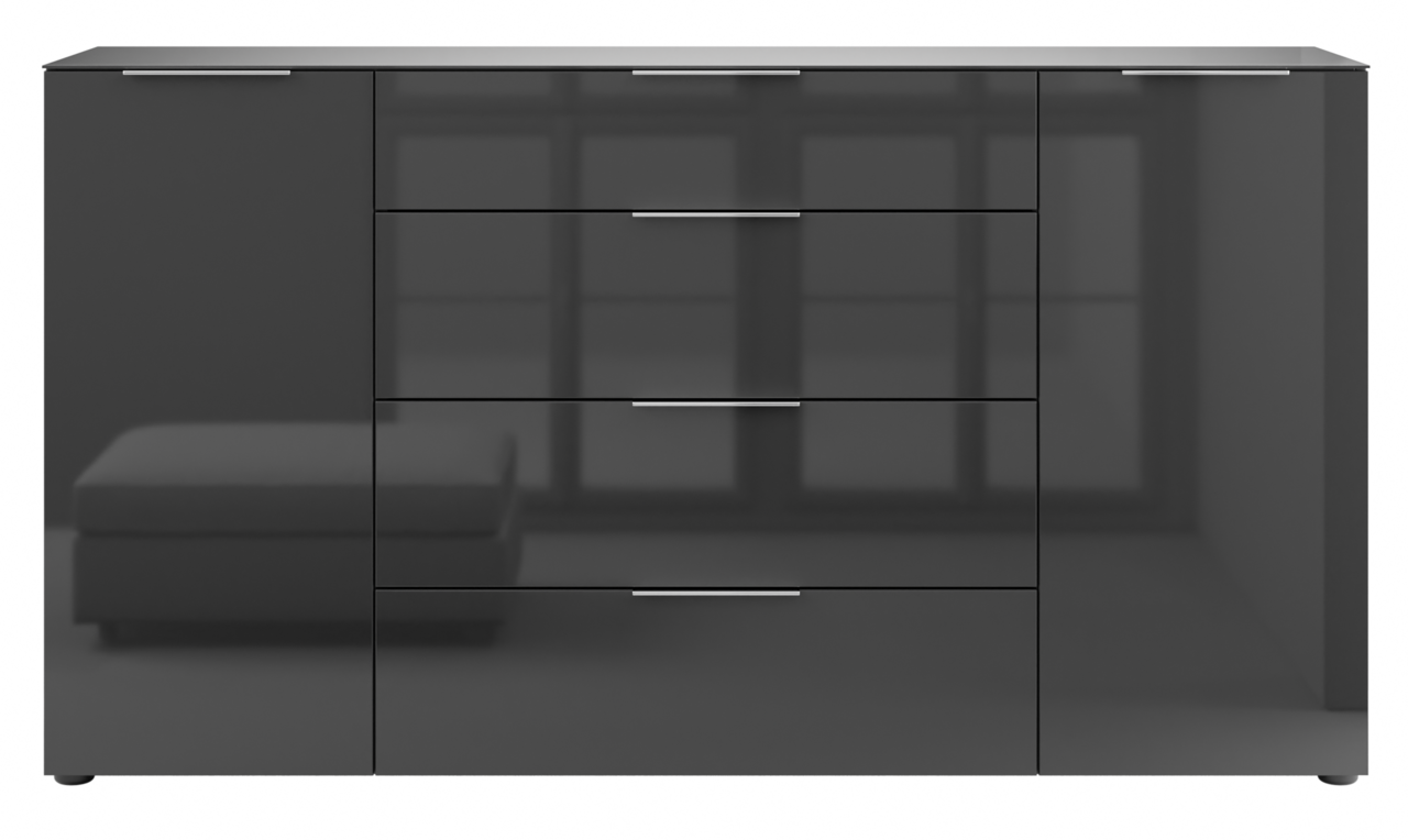 Frontansicht eines modernen, schwarzen XL-Sideboards mit Hochglanzoberfläche und mehreren Schubladen.
