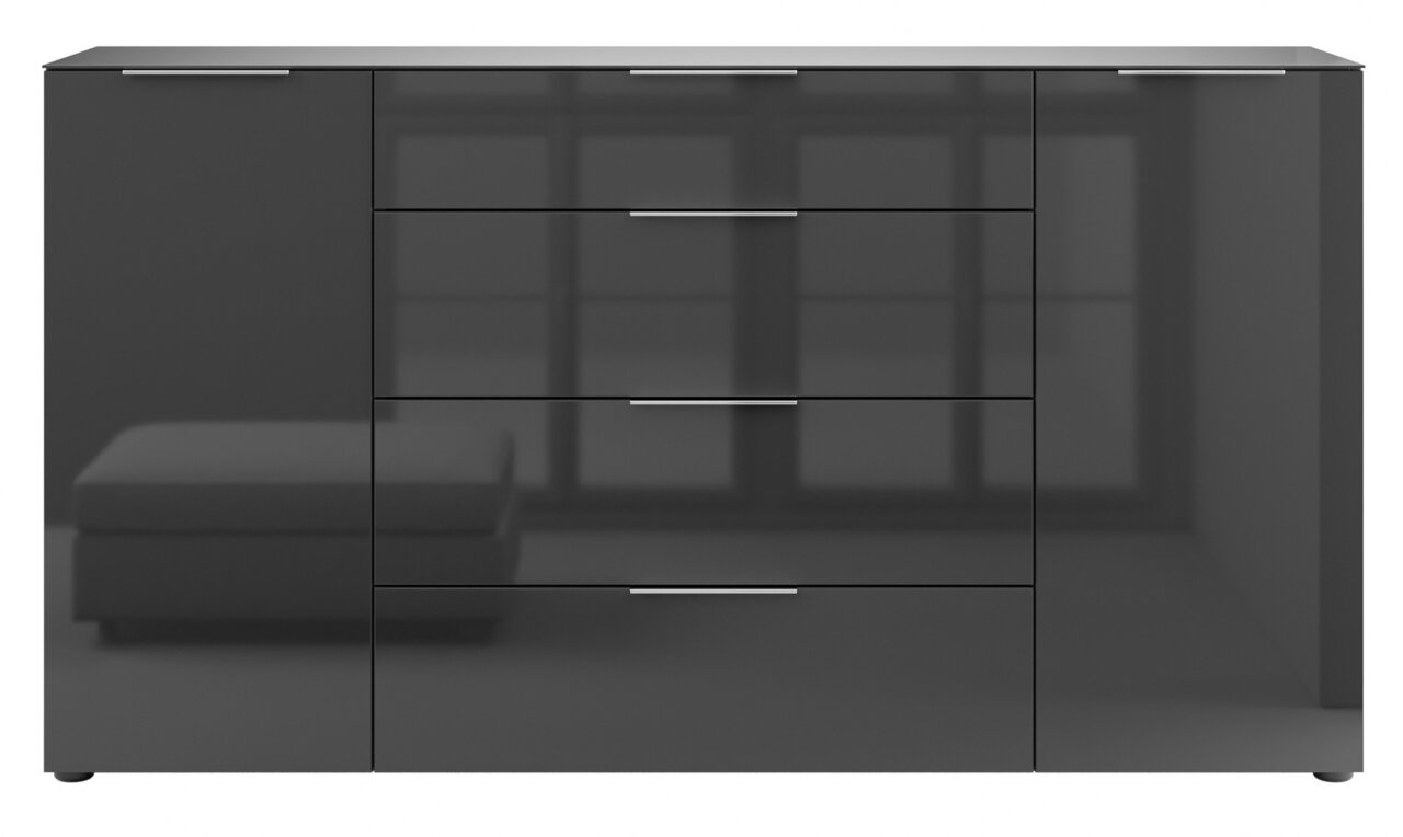 Vooraanzicht van een modern, zwart XL-dressoir met hoogglansafwerking en meerdere lades.