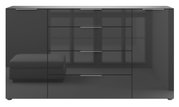 Frontansicht eines modernen, schwarzen XL-Sideboards mit Hochglanzoberfläche und mehreren Schubladen.