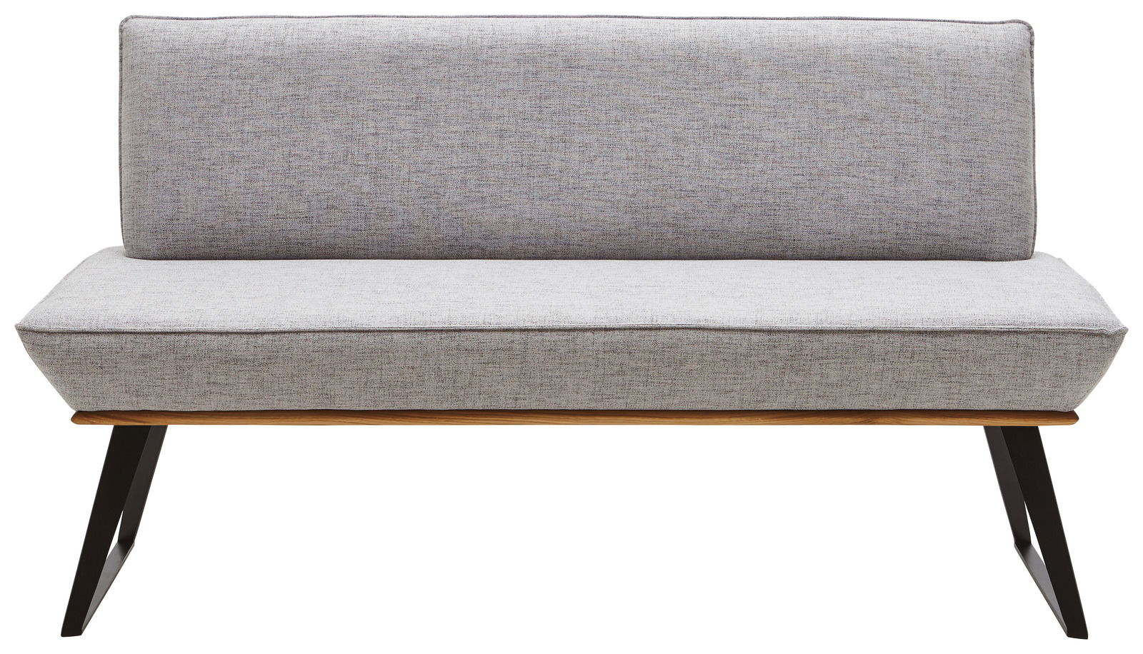 Voleo Bank 140 cm MALIBU Graue Bank mit Stoffbezug, Holzrahmen und schwarzen Metallbeinen, Frontalansicht