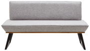Graue Bank mit Stoffbezug, Holzrahmen und schwarzen Metallbeinen, Frontalansicht