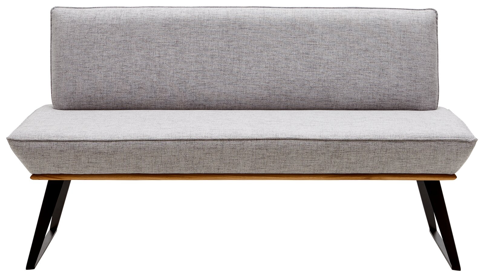 Voleo Bank 140 cm MALIBU Graue Bank mit Stoffbezug, Holzrahmen und schwarzen Metallbeinen, Frontalansicht