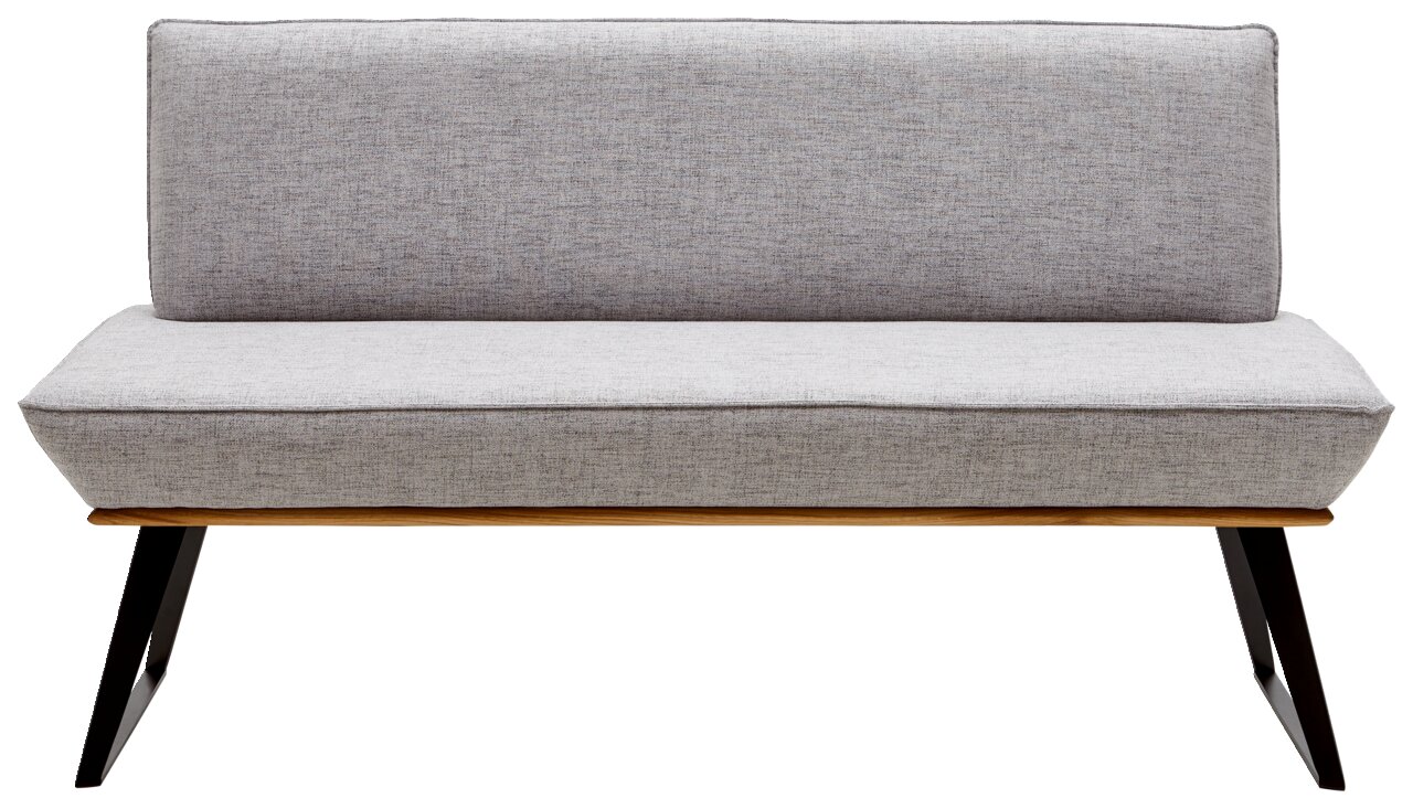 Voleo Bank 140 cm MALIBU Graue Bank mit Stoffbezug, Holzrahmen und schwarzen Metallbeinen, Frontalansicht