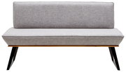 Graue Bank mit Stoffbezug, Holzrahmen und schwarzen Metallbeinen, Frontalansicht