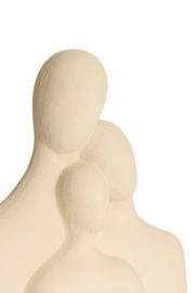 Skulptur aus drei abstrakten, kopflosen Figuren in cremefarbener Oberfläche, seitliche Perspektive