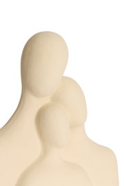 Skulptur aus drei abstrakten, kopflosen Figuren in cremefarbener Oberfläche, seitliche Perspektive