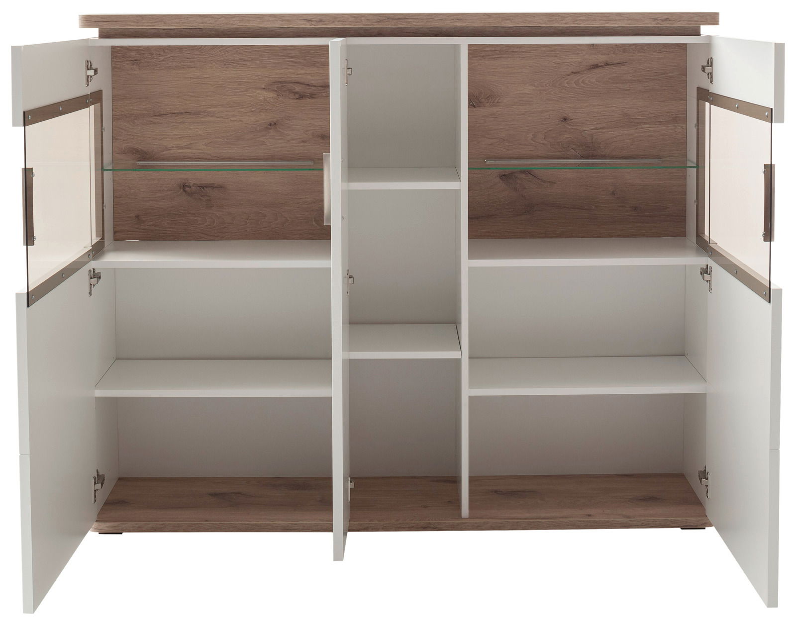 Offenes Highboard mit weißen Türen und Holzelementen, Innenansicht mit mehreren Regalfächern, frontale Perspektive