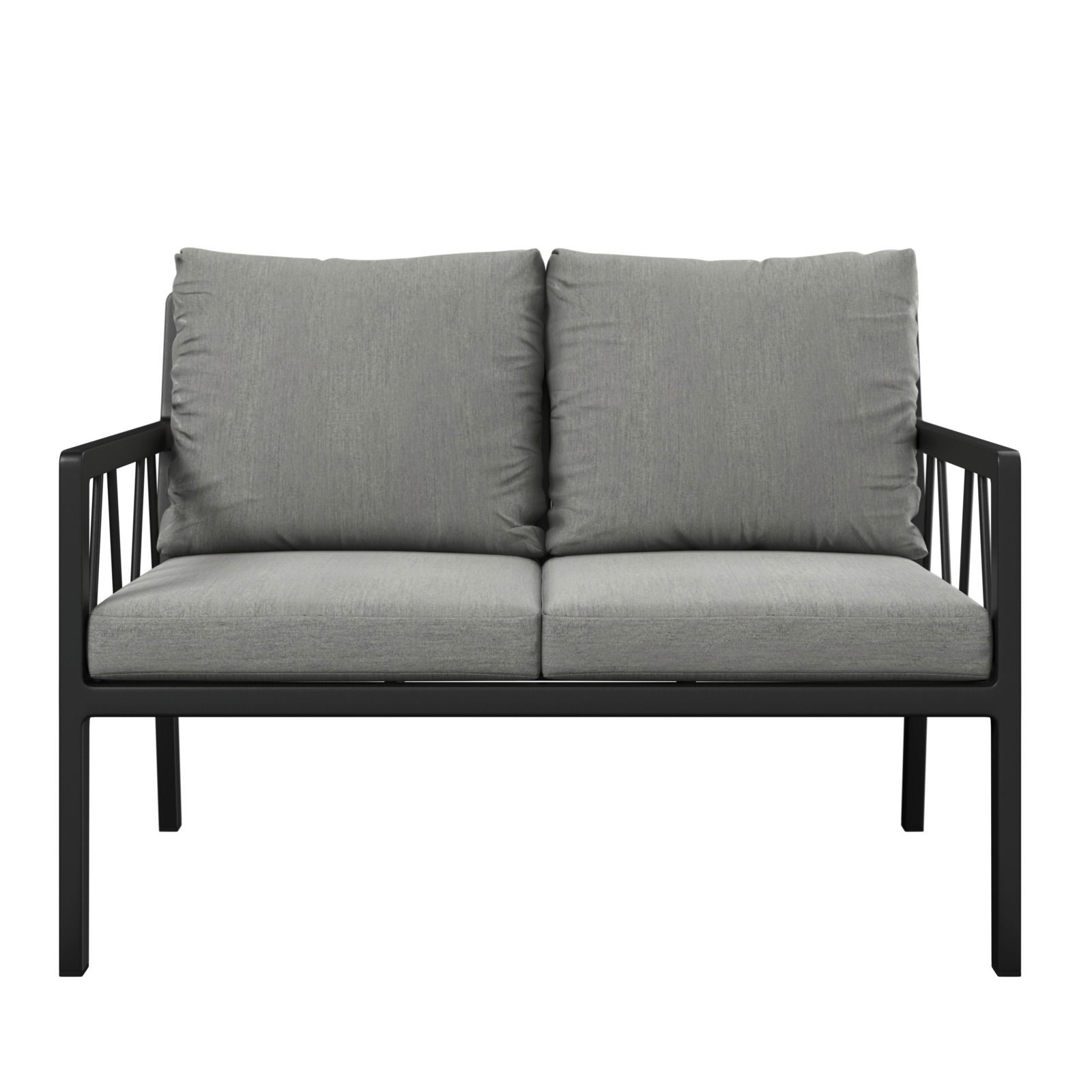 Gartenbank 2er mit grauen Kissen, Vorderansicht