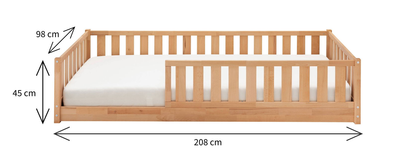 Holzbodenbett mit Gitterseiten, seitliche Perspektive, Maße 208 cm Länge, 98 cm Höhe, 45 cm Höhe der Matratze