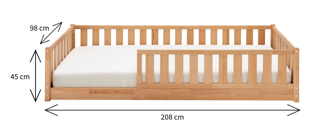 Holzbodenbett mit Gitterseiten, seitliche Perspektive, Maße 208 cm Länge, 98 cm Höhe, 45 cm Höhe der Matratze
