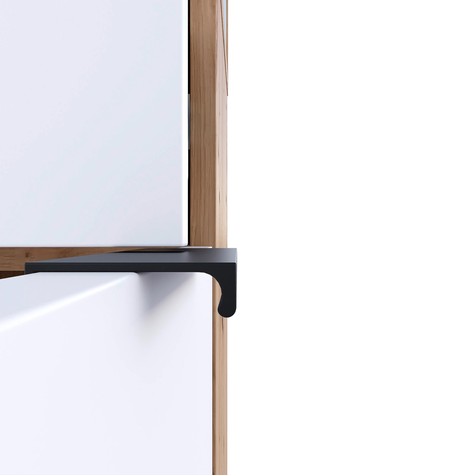 Nahaufnahme einer Kompaktgarderobe mit Holzrahmen und weißen Paneelen, seitliche Perspektive