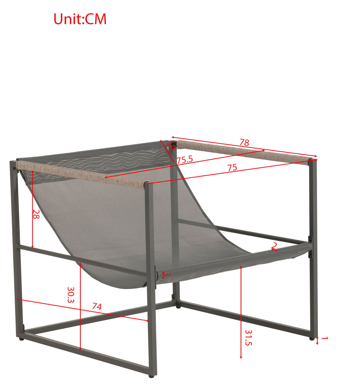Moderner Lounge-Sessel mit Metallrahmen und Netzbespannung, seitliche Perspektive