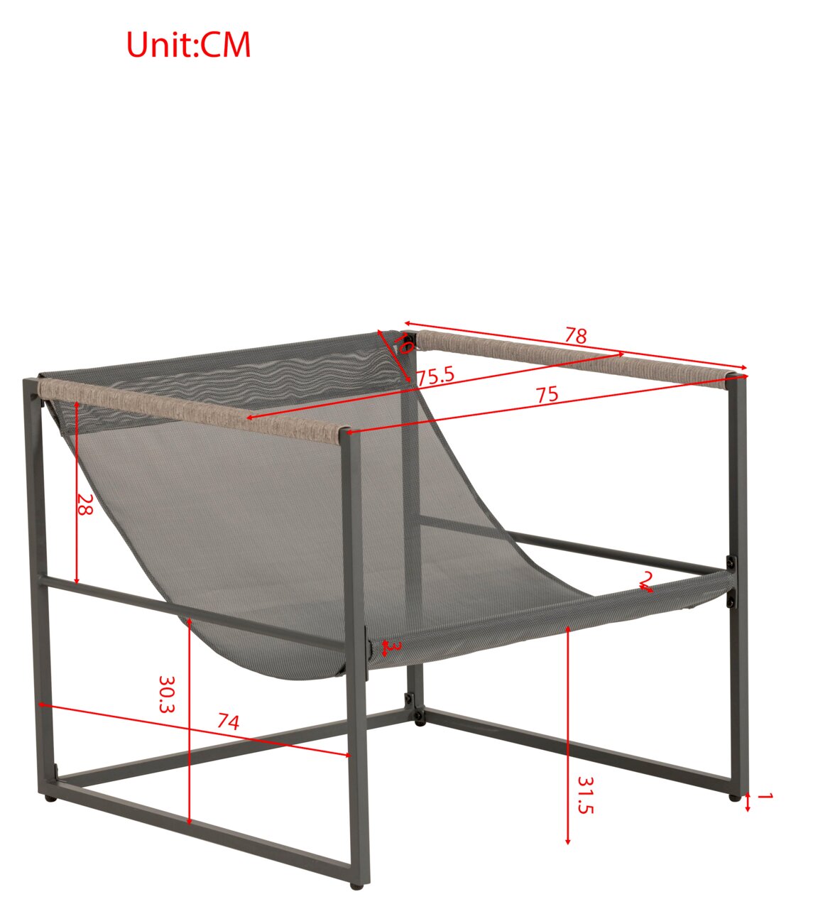 Moderner Lounge-Sessel mit Metallrahmen und Netzbespannung, seitliche Perspektive