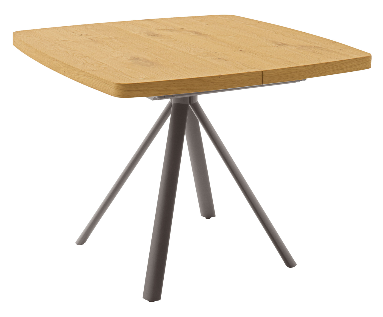 Moderner Esstisch mit quadratischer Holzplatte und vier schrägen Metallbeinen, seitliche Perspektive