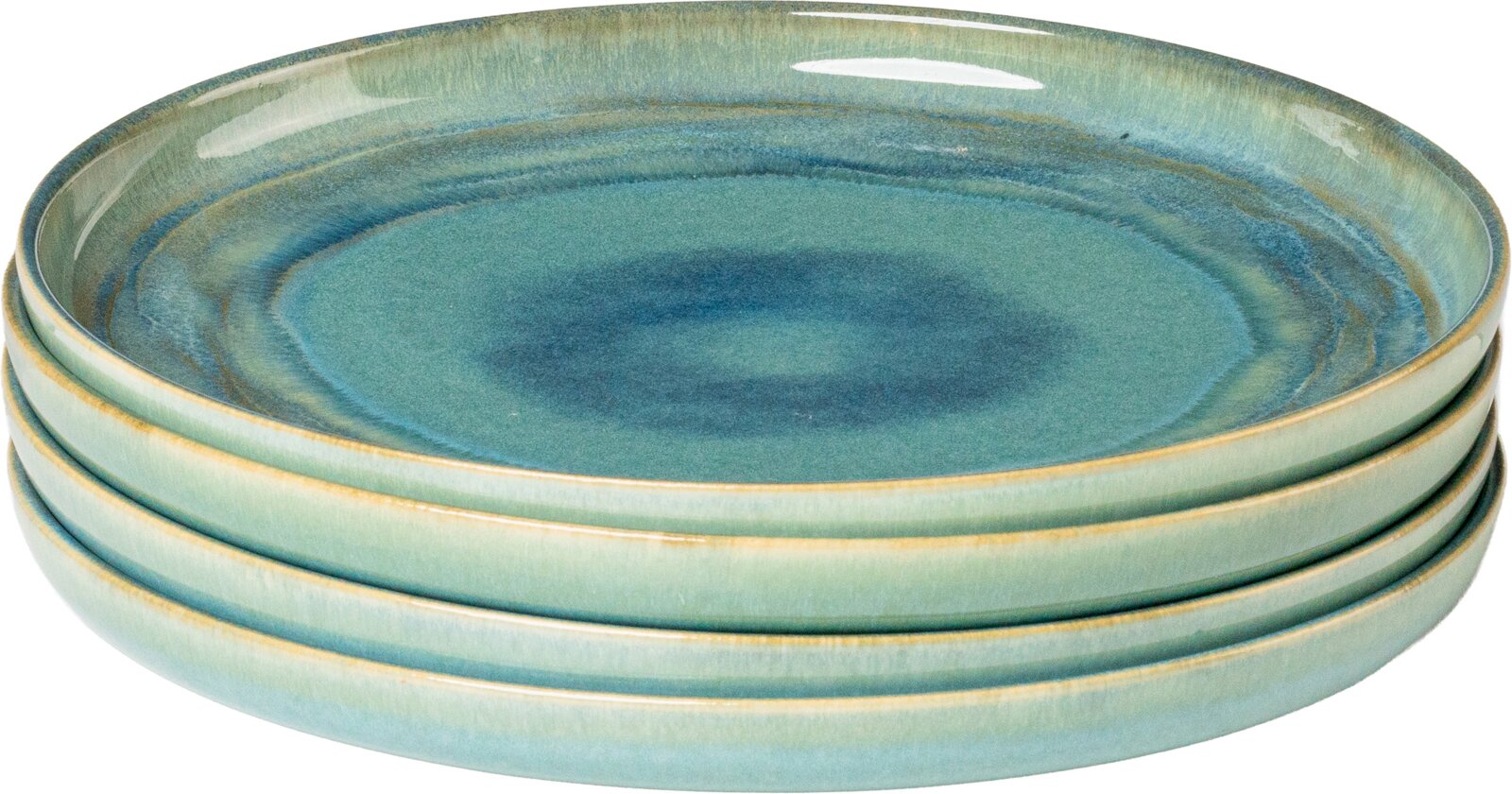 Stapel aus vier runden, glasierten Keramik-Tellern in Türkis/Blau mit leichtem Farbverlauf und feinem Rand, schräg von oben in 3/4-Perspektive auf weißem Hintergrund