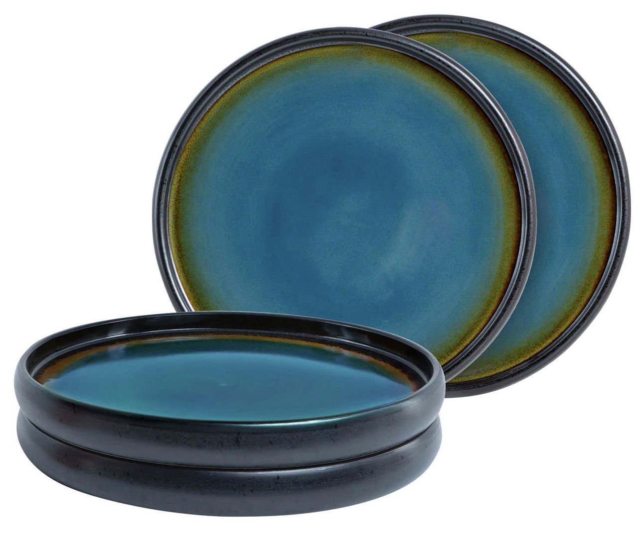Vierteilige Dinner-Teller in Blau-Braun, gestapelt und frontal fotografiert.