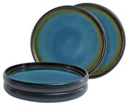 Vierteilige Dinner-Teller in Blau-Braun, gestapelt und frontal fotografiert.