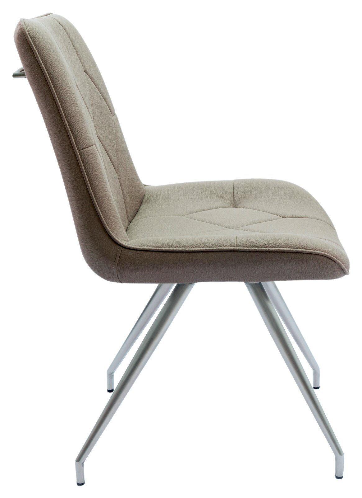 Moderner Stuhl mit gepolsterter Sitzfläche und Rückenlehne in Seitenansicht, auf schlanken Metallbeinen.