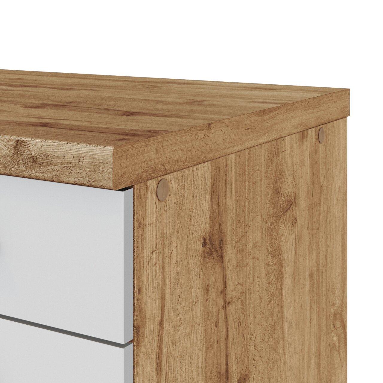 Detailansicht einer Küchenzeile mit Holzoptik und weißen Schubladenfronten, Perspektive von oben rechts