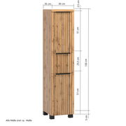 Midischrank 30 cm in Holzoptik mit vertikalen schwarzen Griffen, frontale Perspektive